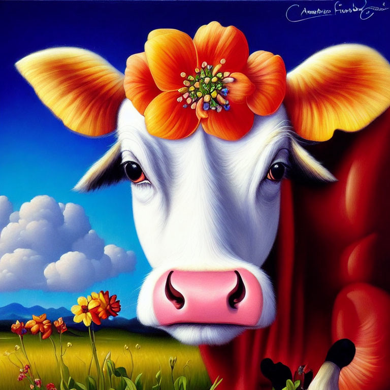 Colorful Cow Painting with Oversized Flower in Vibrant Landscape