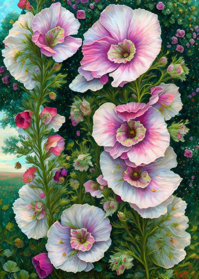 Pinkish-White Hollyhocks Painting with Greenery and Sky