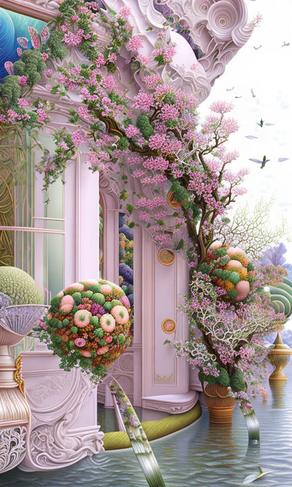 Floral-themed whimsical doorway with pastel colors and flying birds