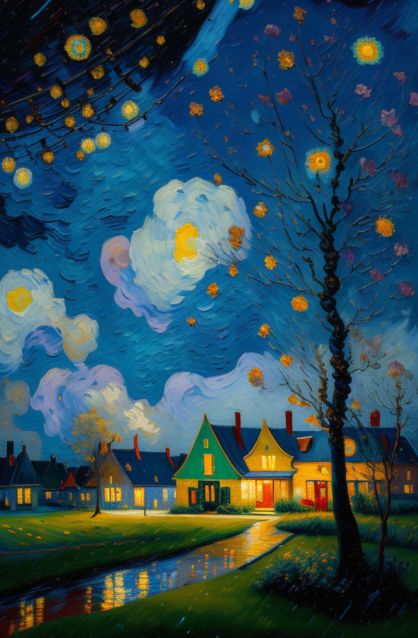 Starry Night Painting with Swirling Clouds and Peaceful Village