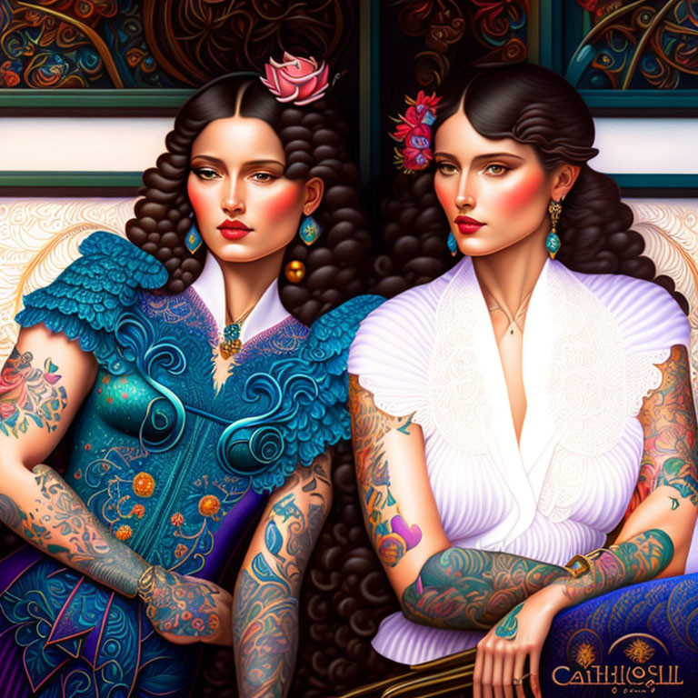 Two women with intricate tattoos and ornate clothing against a patterned backdrop, one in blue attire and