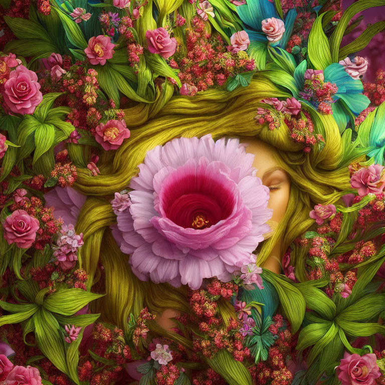 Surrealist artwork of woman's face in green foliage with pink and red flowers