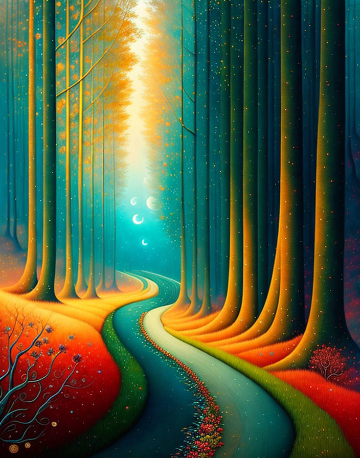 Fantastical forest with glowing trees and celestial glow