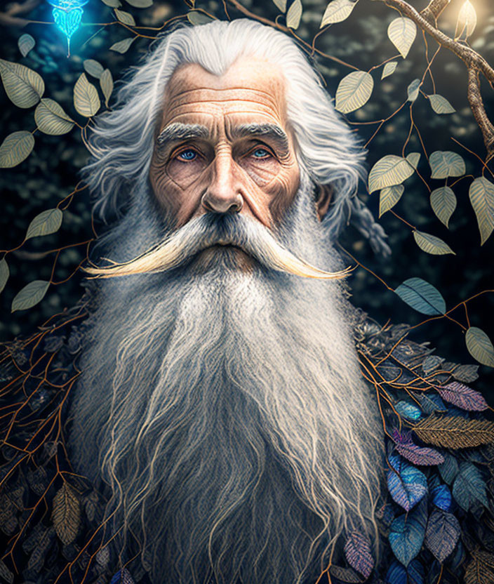 Elderly man with long white beard and hair, intense gaze, surrounded by leaves and blue butterfly