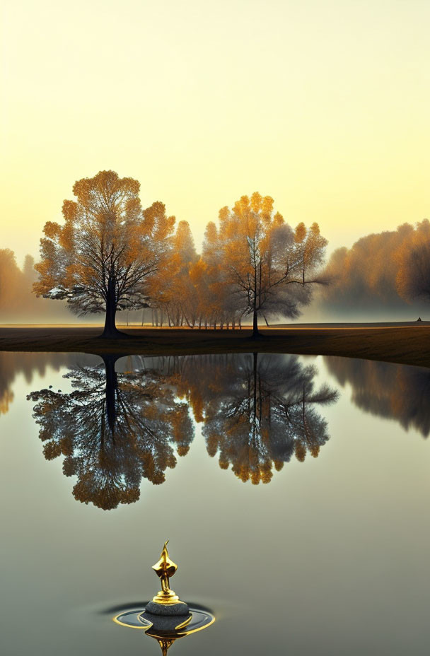 Golden autumn trees reflected in calm water with misty background and decorative structure.