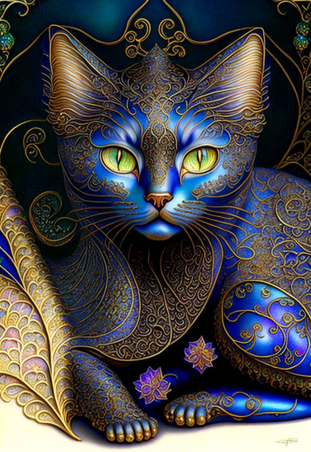 Colorful Stylized Blue Cat Illustration with Gold and Blue Patterns