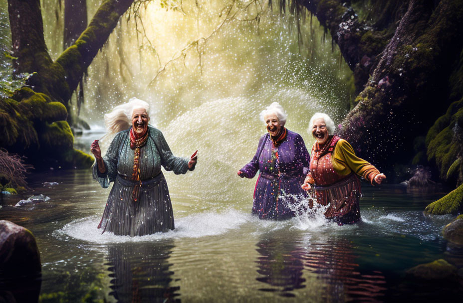 Elderly women laughing in forest stream with mossy rocks