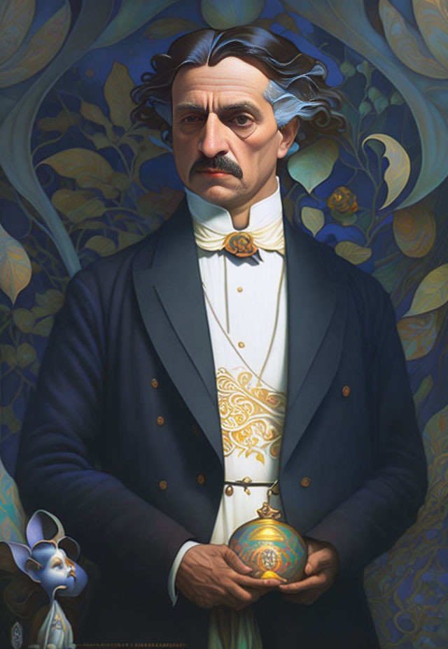 Man in Blue Suit Holding Orb with Rabbit and Floral Patterns