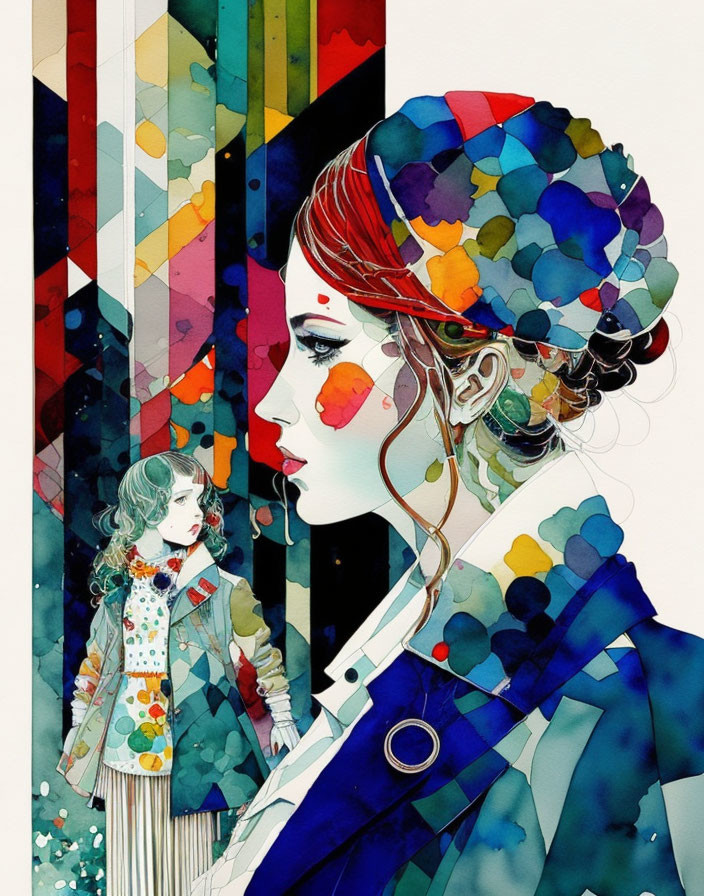 Vibrant profile illustration with mosaic-like hair and miniature figure