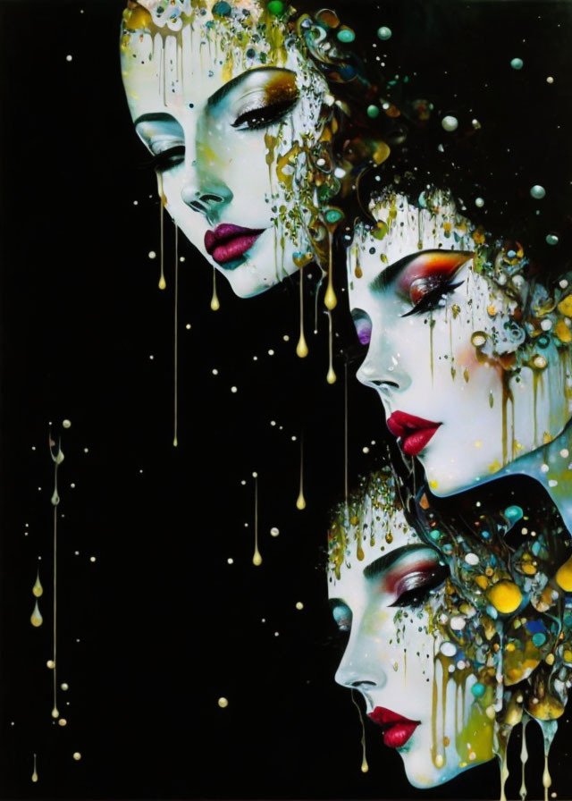 Vibrant makeup on stylized faces with dripping details on black background