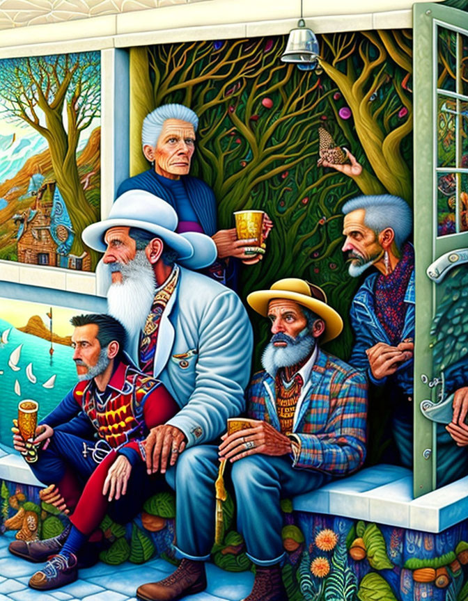 Vividly Colored Room with Five Bearded Men in Unique Outfits Among Plants