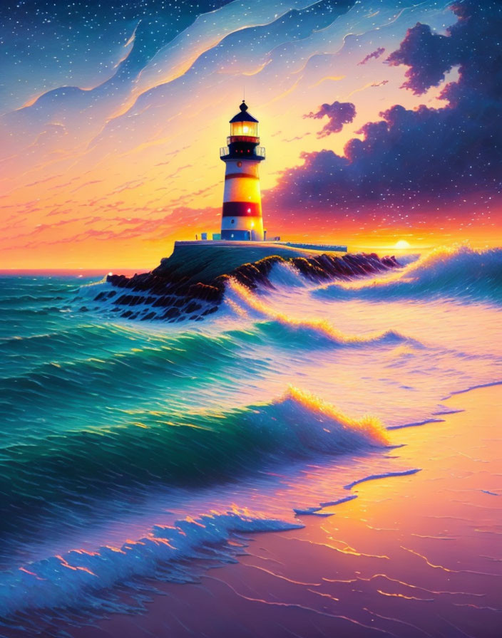 Vibrant digital artwork: lighthouse at sunset, stars, crashing waves, colorful sky.