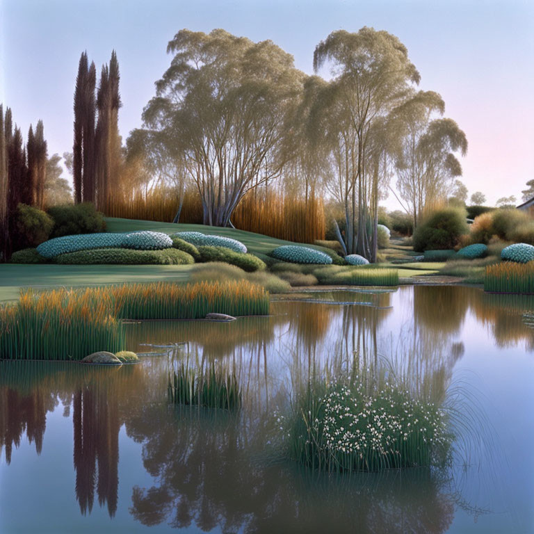 Tranquil landscape with calm lake, tall trees, lush shrubs, clear sky