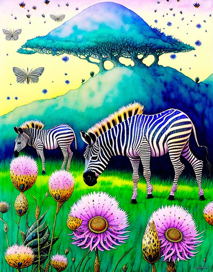 Zebras grazing in purple flower field with butterflies and mountain scenery