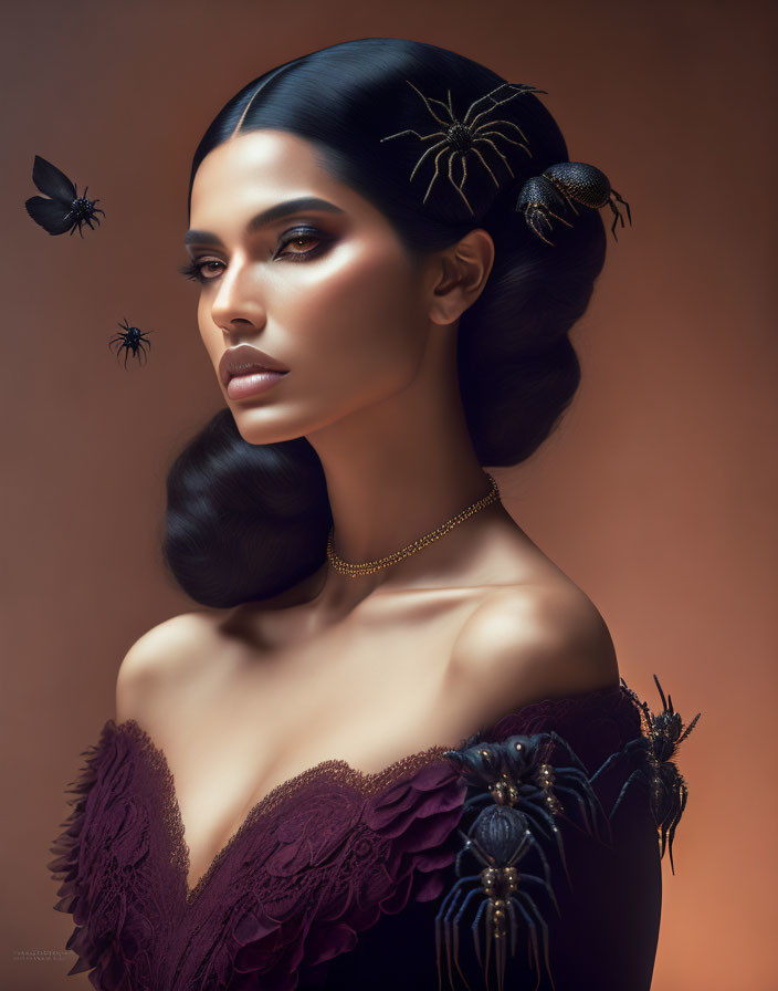 Stylized woman with spiders, jewelry, soft background