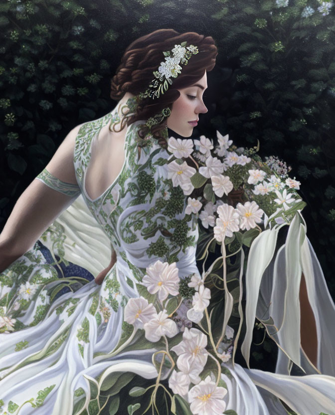 Woman in white floral dress surrounded by flowers and greenery