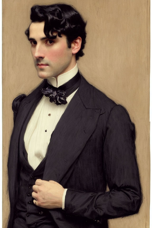 Portrait of Young Man in Black Suit with Dark Hair