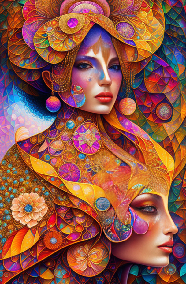 Colorful digital artwork: Two women with elaborate headdresses