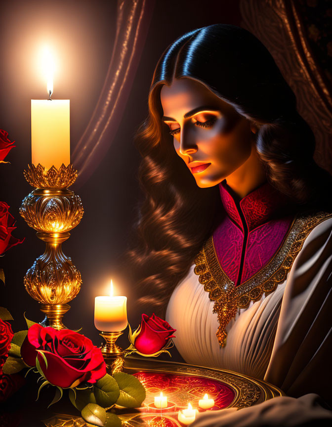 Vintage dress woman contemplates by candles and roses