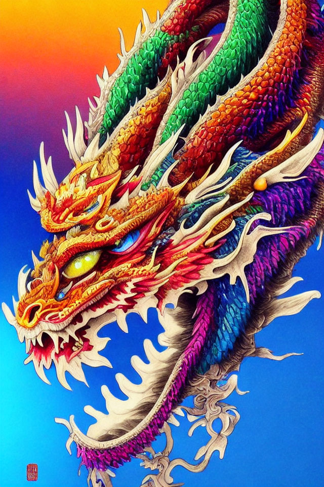 Colorful dragon with intricate scales on blue-orange backdrop in East Asian style