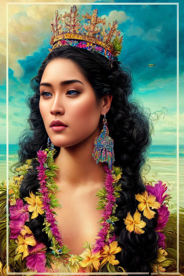 Illustrated woman with crown, earrings, and lei on beach background