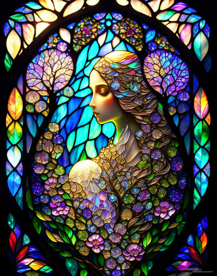 Woman in Serene Expression Surrounded by Nature Motif Stained Glass