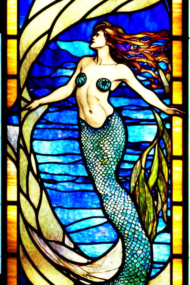 Colorful Mermaid Stained Glass Art with Flowing Hair and Ocean Waves