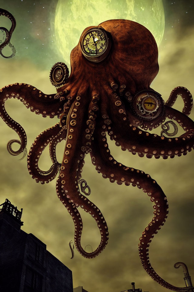 Giant Octopus with Clock Face Patterns Over Urban Landscape