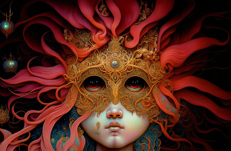 Golden mask with red-haired figure and green orbs on dark background