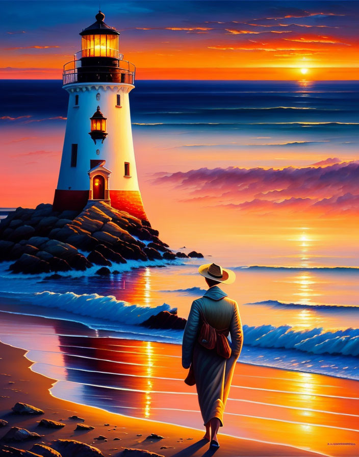 Person in hat walking on beach towards sunset-lit lighthouse.