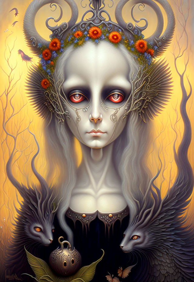 Surreal portrait of pale figure with floral headdress and red eyes