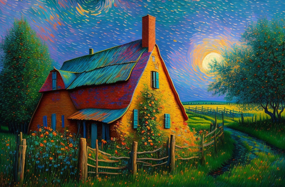 Rustic brick house painting with starry sky and yellow moon