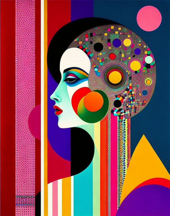 Abstract Art: Colorful Female Profile with Decorative Circle and Geometric Shapes