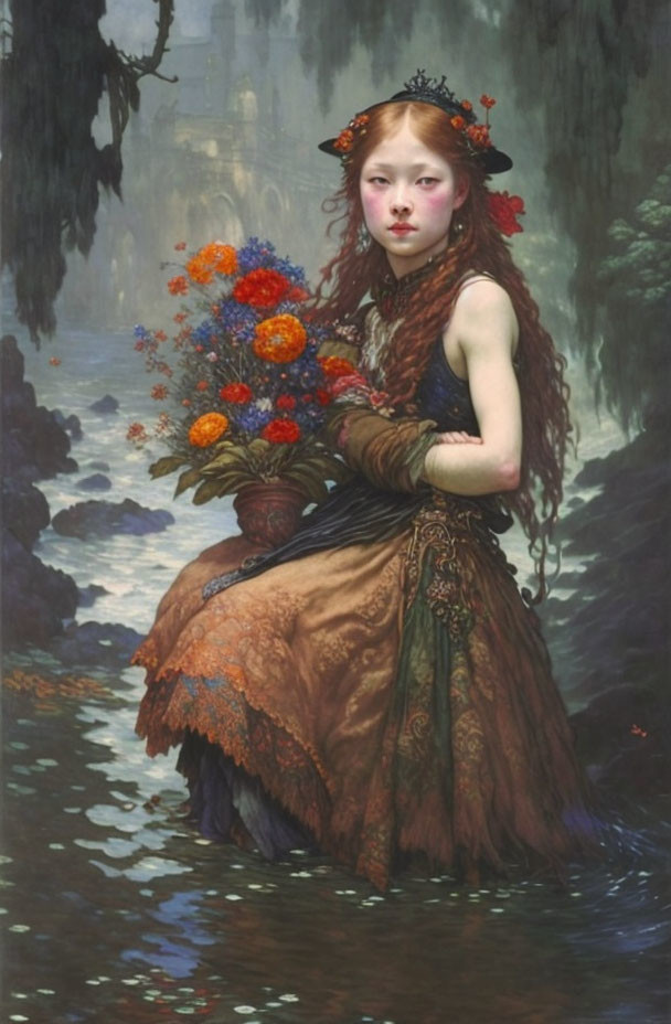 Reddish-Haired Girl in Victorian Dress with Bouquet in Misty Forest Stream