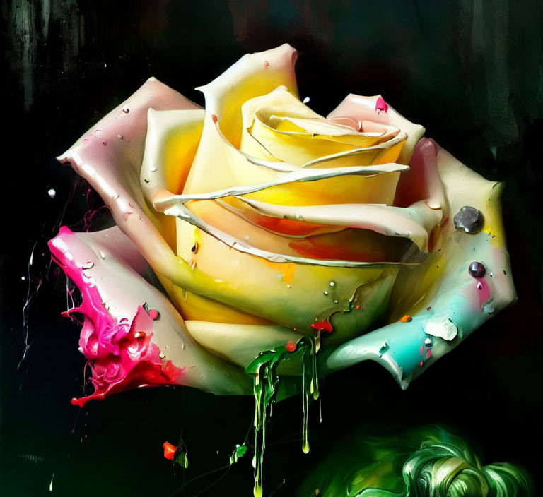 Colorful Rose Painting with Vibrant Droplets on Dark Background