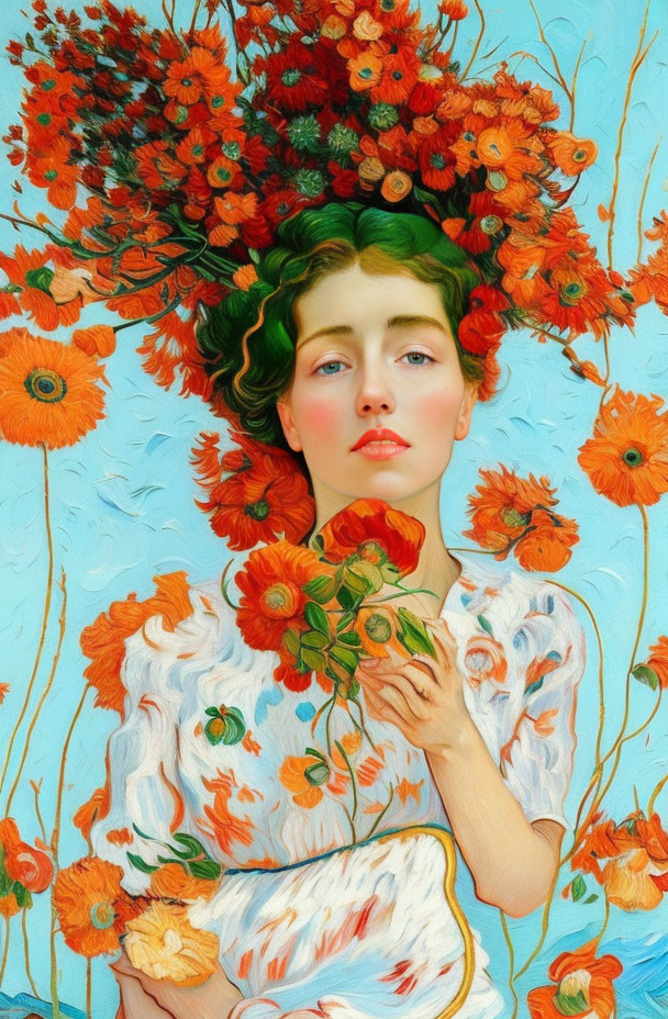 Vibrant painting of woman with green hair and orange flowers on white dress