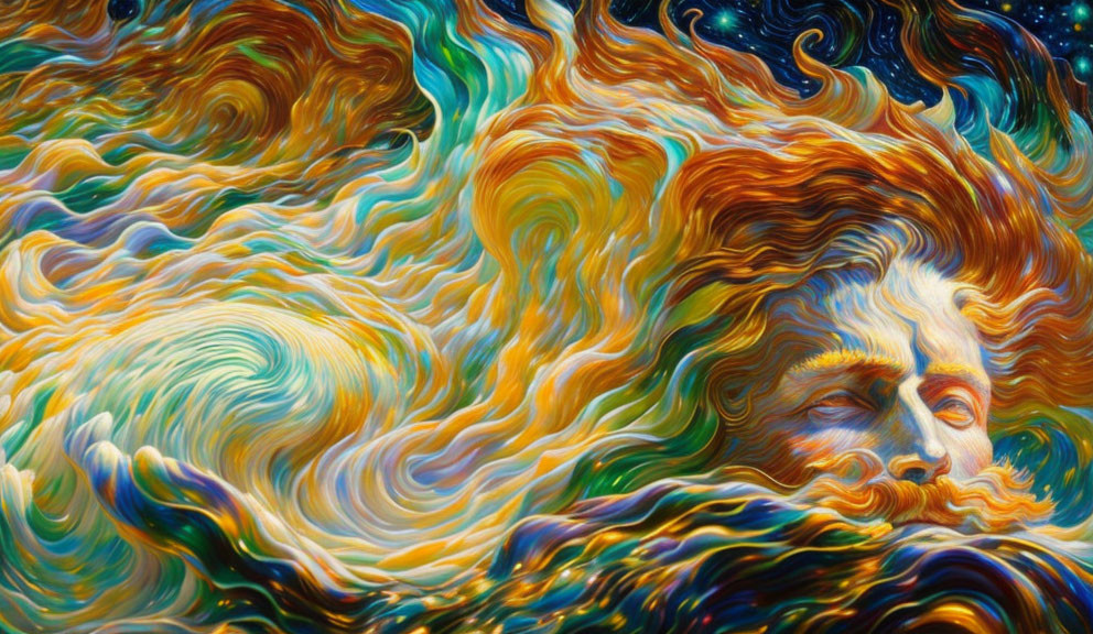 Colorful portrait blending with cosmic swirls in Van Gogh style