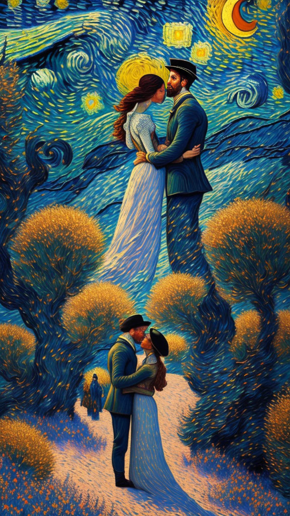 Couple in wedding attire kiss in Van Gogh-inspired night scene