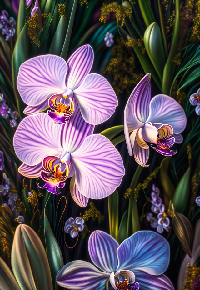 Intricate purple orchids on dark green foliage.