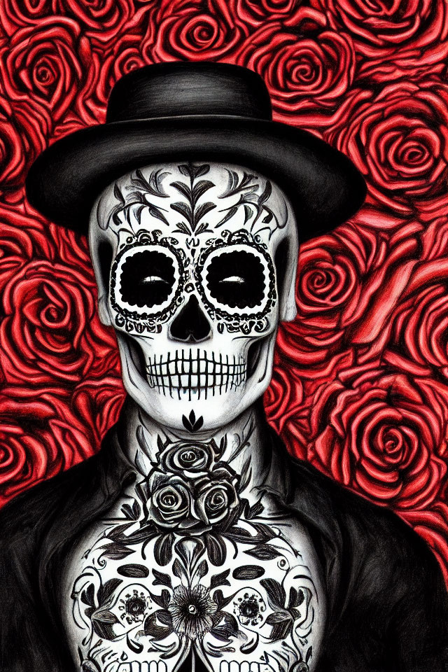 Intricate skull face paint with hat against red roses backdrop