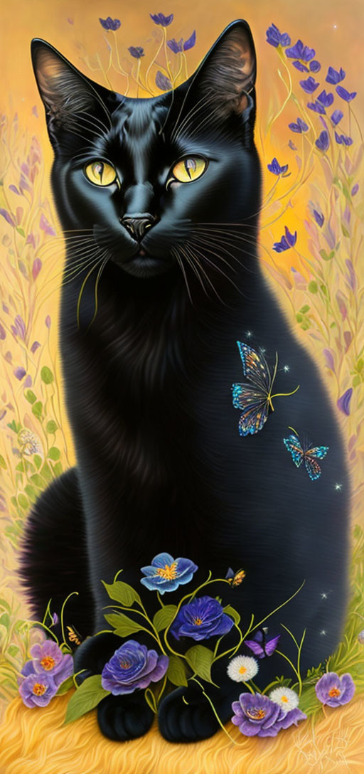 Black Cat with Yellow Eyes, Butterflies, and Purple Flowers in Golden Field