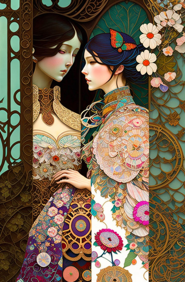 Detailed ornate illustration of two stylized women with vibrant colors and intricate patterns