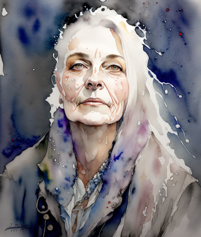 Elderly woman watercolor portrait with grey hair and serene expression