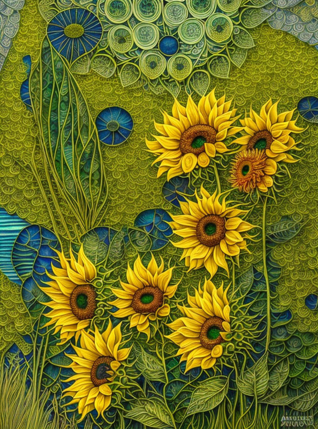 Colorful sunflower art on patterned backdrop with organic motifs in green, blue, and yellow.