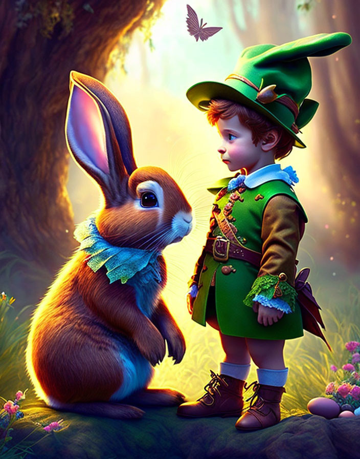 Young boy in green outfit with feathered hat next to giant rabbit in nature scene