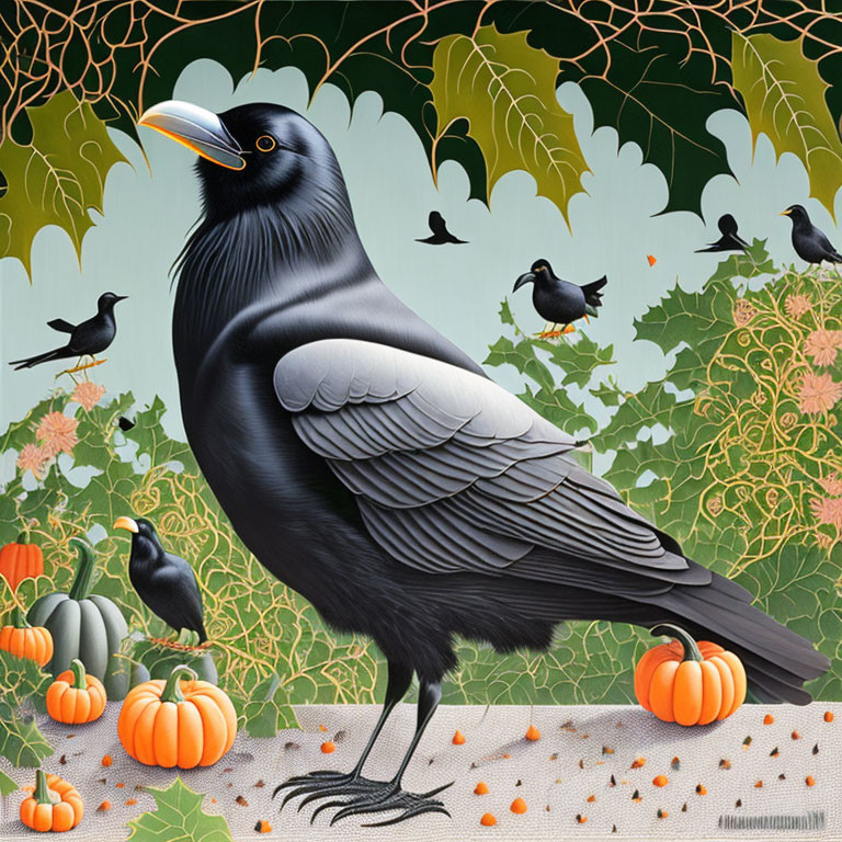 Stylized illustration of large raven among pumpkins and vines