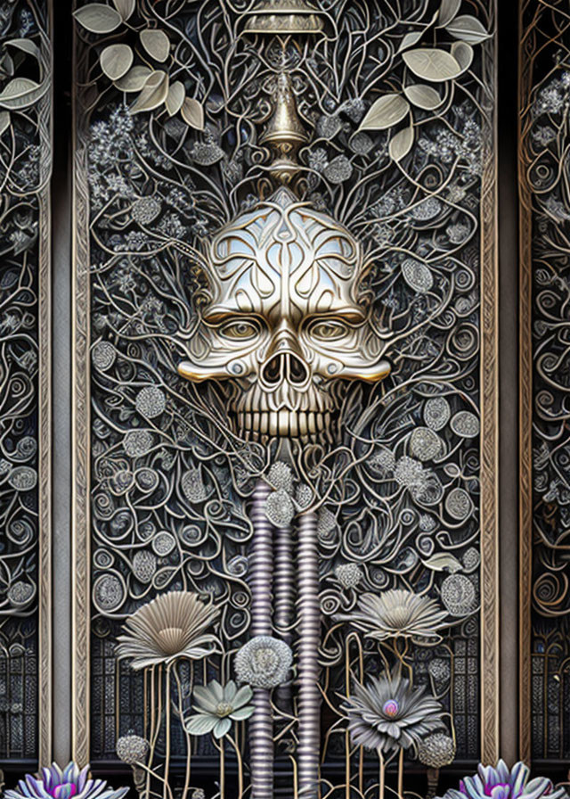 Intricate Metallic Skull with Floral and Abstract Designs