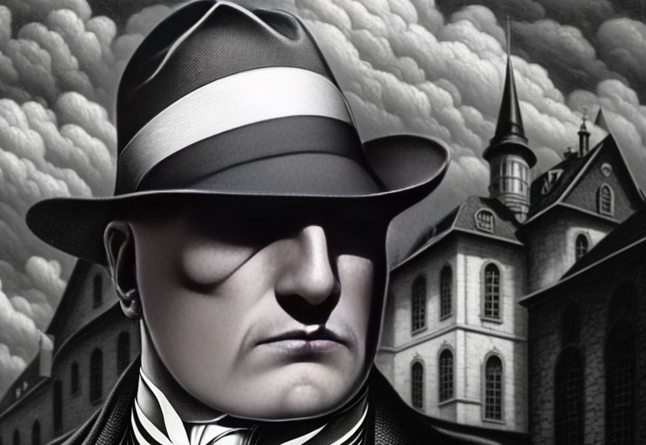 Monochrome portrait of stern-faced man in fedora hat with gothic building and ominous clouds.