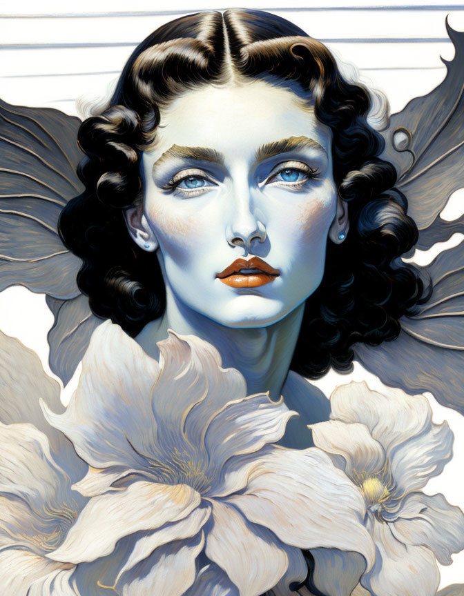 Detailed illustration of woman with dark wavy hair, blue eyes, red lips, surrounded by white flowers