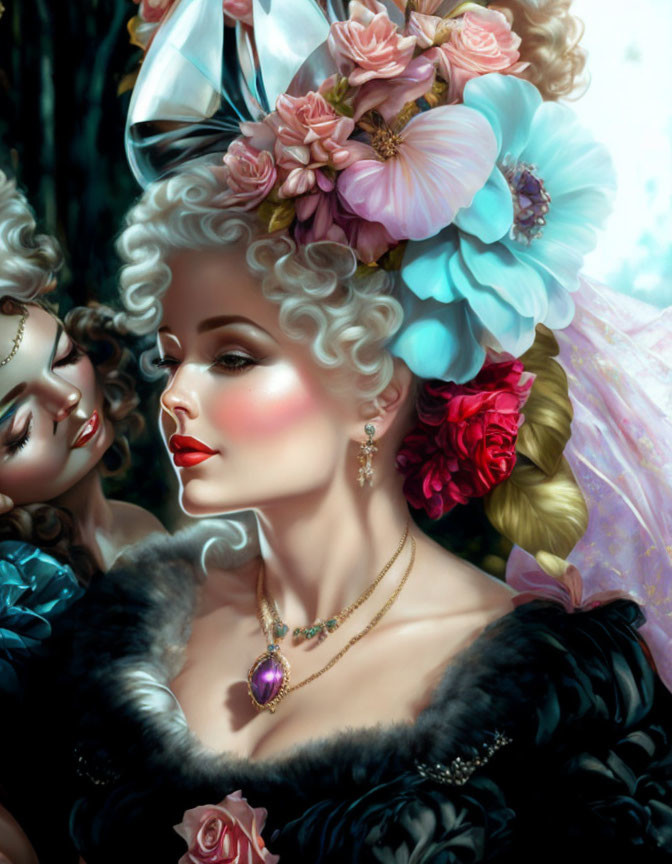 Detailed Rococo Fashion Illustration: Two Women in Opulent Attire, Floral Hats, Elegant Hairst